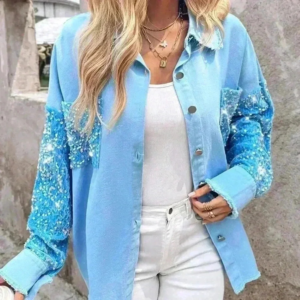 Baby Blue Party Women's Turn-Down Collar Sequin Raw Hem Shacket